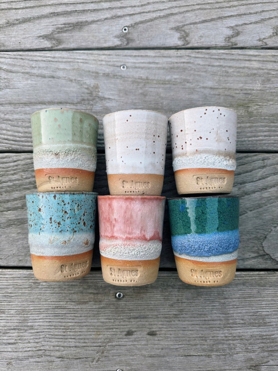 St Agnes handmade ceramic flat white cups with glazed finishes, 5–6oz per cup