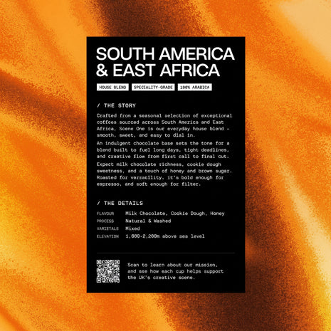 Coffee blend label for South America & East Africa on an orange textured background
