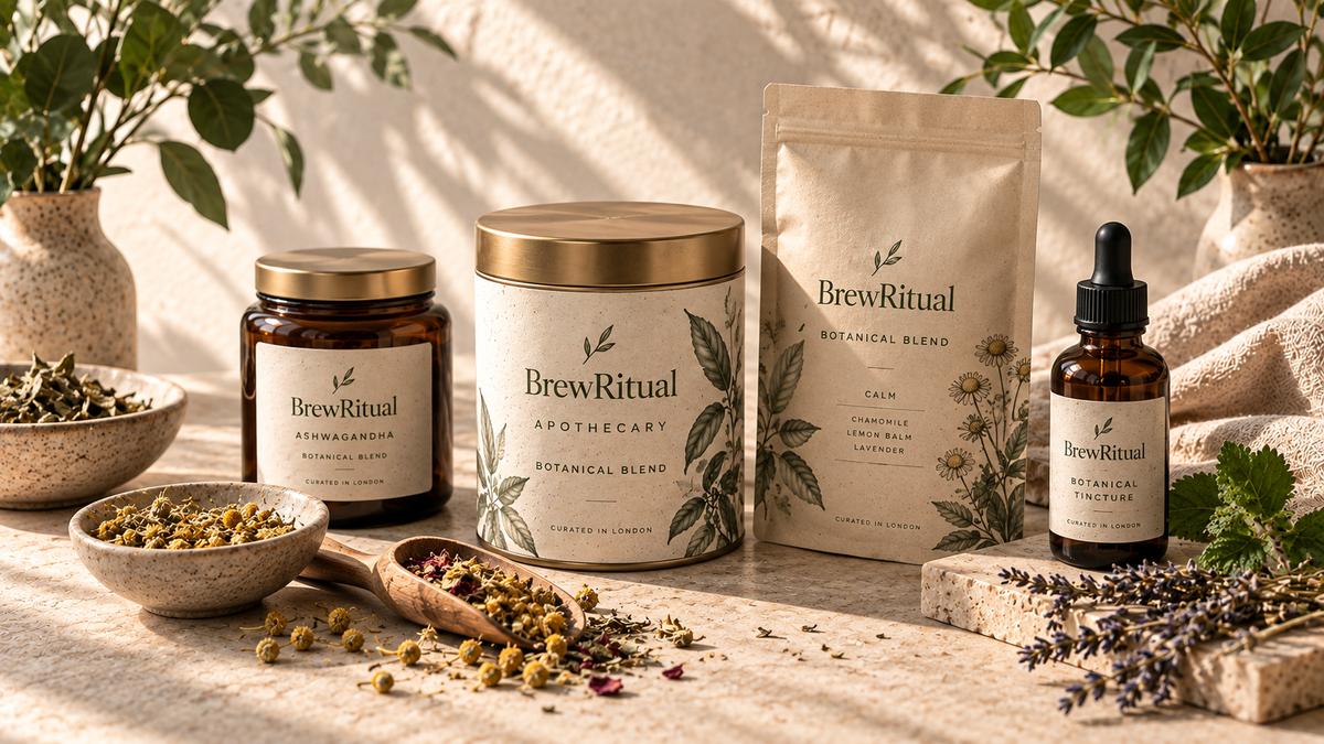 BrewRitual botanical apothecary with branded packaging