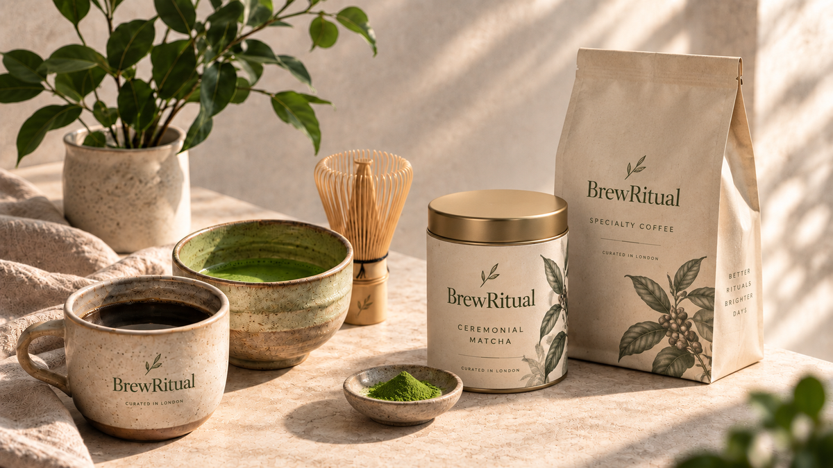 BrewRitual coffee and matcha ritual with branded packaging