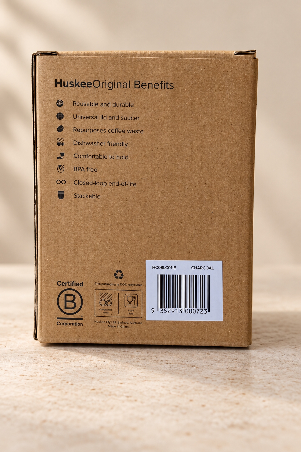 HuskeeOriginal Charcoal original packaging benefits and barcode