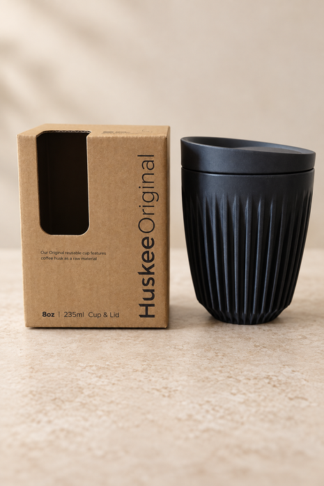 HuskeeOriginal 8oz Charcoal cup and original packaging
