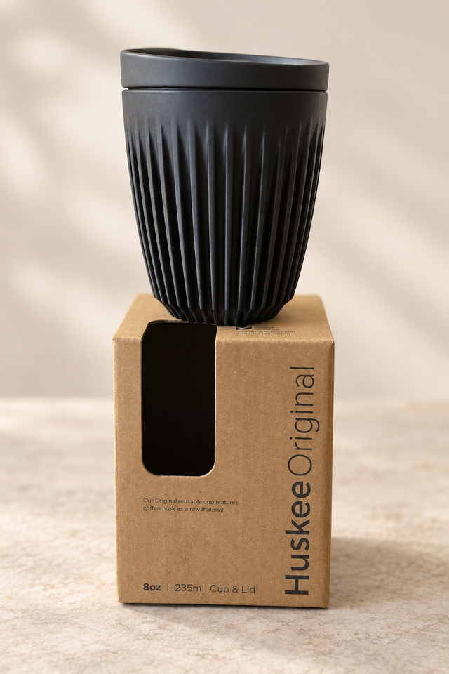 HuskeeOriginal 8oz Charcoal cup on original packaging