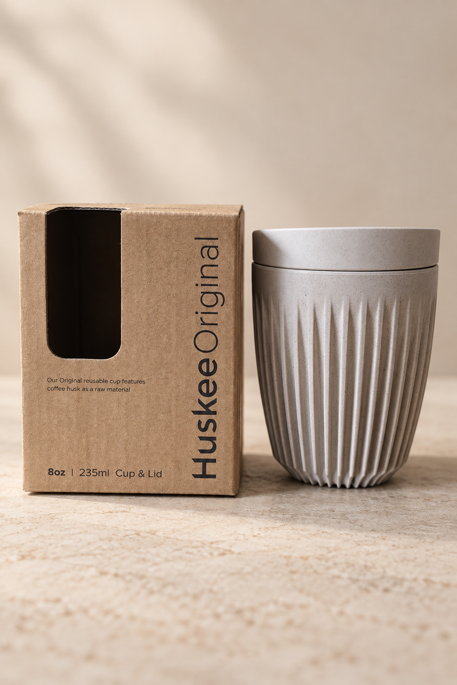 HuskeeOriginal 8oz Natural cup and original packaging