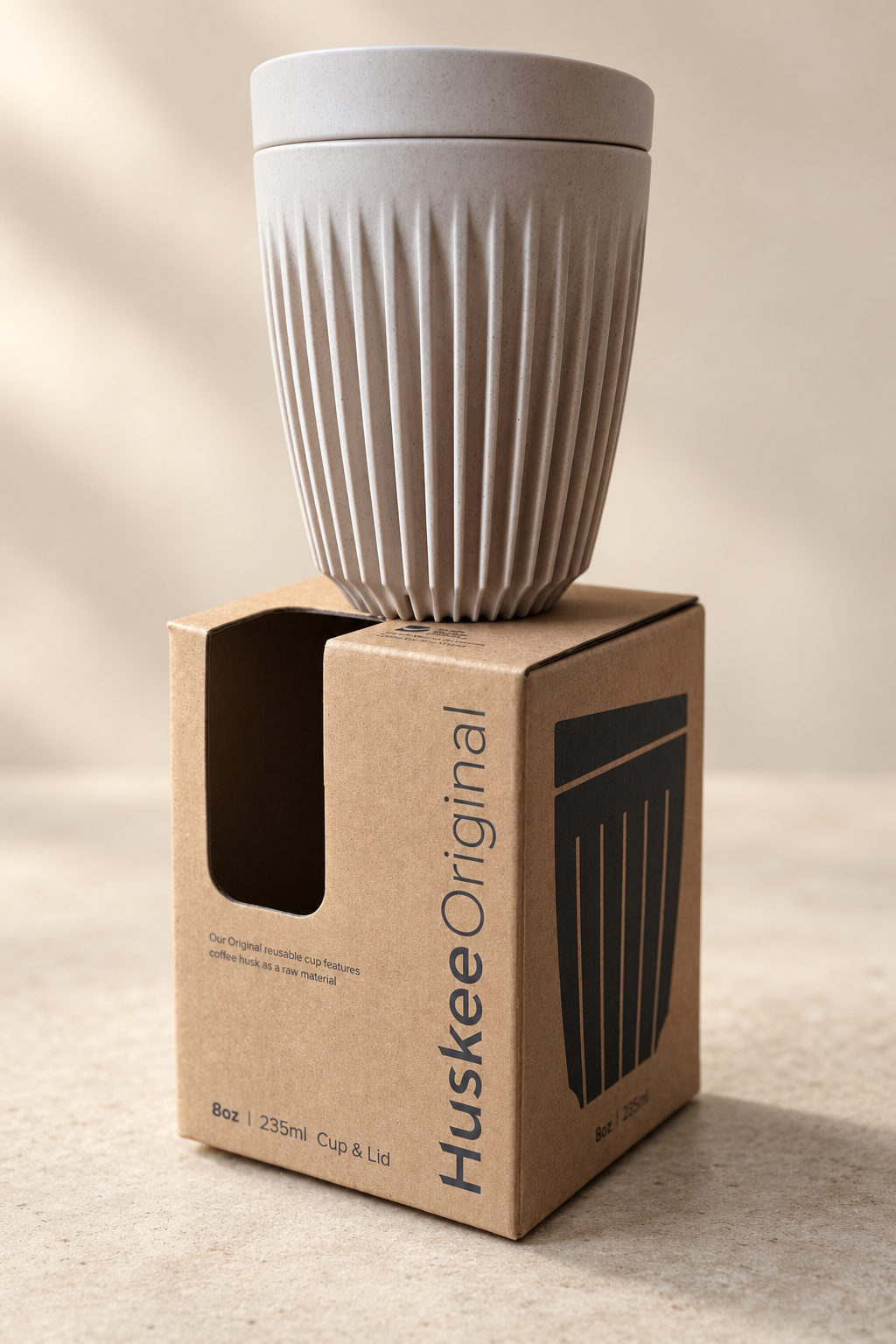 HuskeeOriginal 8oz Natural cup on original packaging